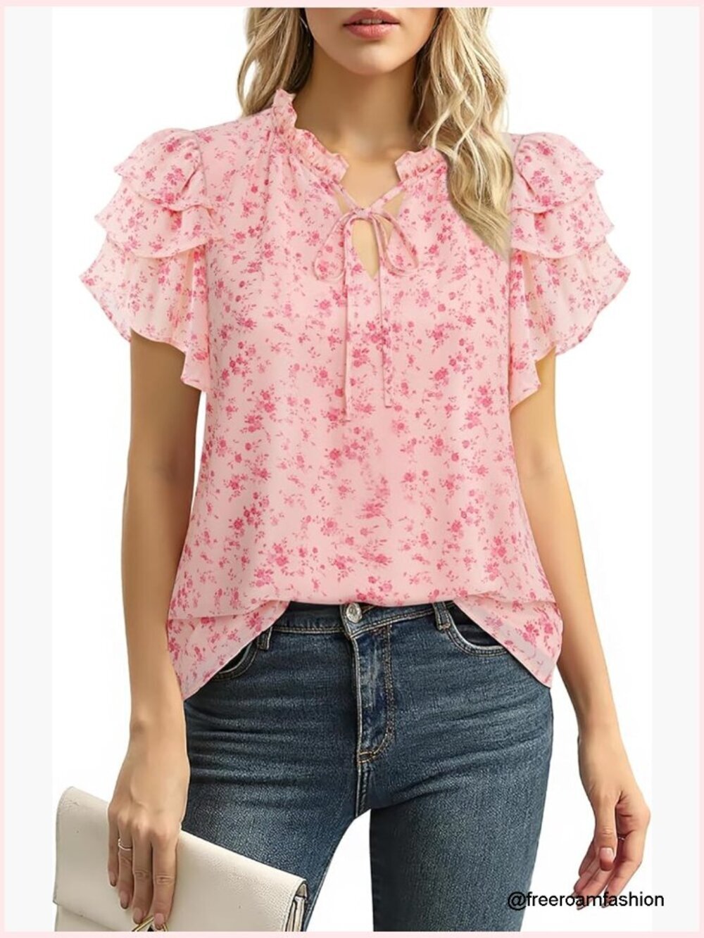 Ruffled V-Neck Short Sleeve Chiffon Blouse Dressy Casual Work Top